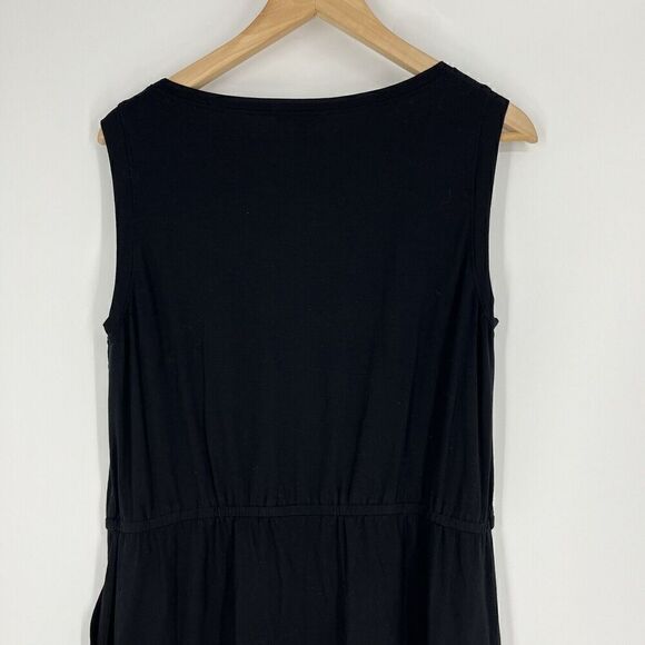 Eileen Fisher Dress Size Medium Black Boat Neck Sleeveless Midi Knit Drawstring - Picture 5 of 6